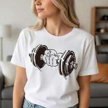 Women's Graphic Print Cotton T-Shirt, Short Sleeve, Round Neck, Dumbbell Print, Casual Loose Fit, Sizes S-5XL, Soft And Breathable Pure Cotton Blouse, Sports Fashion For Gym And Training, Basic T-Shirt For Daily Wear, Suitable For Spring, Summer And Autumn. - 白色 - 查看 1