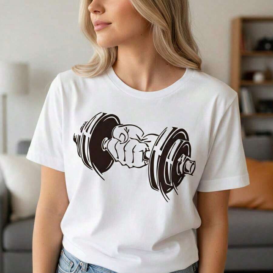Women's Graphic Print Cotton T-Shirt, Short Sleeve, Round Neck, Dumbbell Print, Casual Loose Fit, Sizes S-5XL, Soft And Breathable Pure Cotton Blouse, Sports Fashion For Gym And Training, Basic T-Shirt For Daily Wear, Suitable For Spring, Summer And Autumn. - 白色 - 查看 1