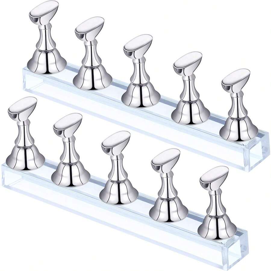 2 Sets Press-On Magnetic Acrylic Nail Display Stands For Nail Art Painting Practice, Manicure Tools For Home DIY And Salon Supplies (Silver) - Silver - View 1