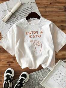 2026tops Plus Size Women's Casual Summer T-Shirt With White Letter Print - White - View 4