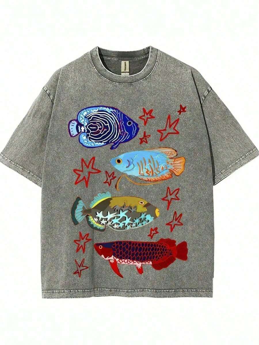 100% Washed Cotton Graphic T-Shirt With A Fish Jumping Over A Dragon Gate Print, High-Quality Retro Batik Fashion Brand T-Shirt, Unisex, Casual, Party Favor, Perfect Gift. Men's Clothing - Unisex Urban Vintage Style Loose Fit Cotton Short Sleeve T-Shirt, Spring Tops, Summer Shirts, Autumn Short Sleeve T-Shirt - 風格 - 查看 1