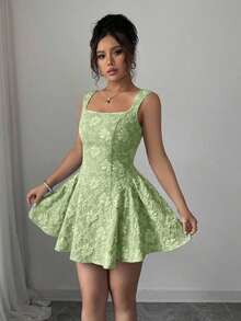 Vestido mini azul de mujer con cuello ancho, sin mangas, cintura recogida y textura de jacquard, elegante y romántico para graduación, baile de graduación, fiesta, festival de música, vacaciones - Verde - Ver 4
