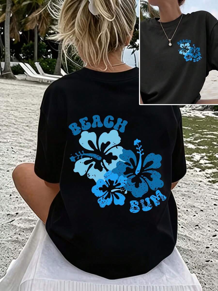 Camiseta de verano con estampado floral BEACH BUN para mujer, camiseta casual de manga corta con cuello redondo para mujer, adecuada para vacaciones y uso diario - Estilo vintage urbano, camiseta unisex de algodón suelto de manga corta con cuello redondo, blusas para mujer. blusas.blusas casuales para dama. - Negro - Ver 1
