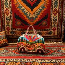 Women Boho Vintage Bus Print Weekender Bag,STAY WILD Slogan Large Capacity Duffel Tote,Colorful Bohemian Travel Bag For Gym Short Trip Overnight - Forest Sun Print - View 6