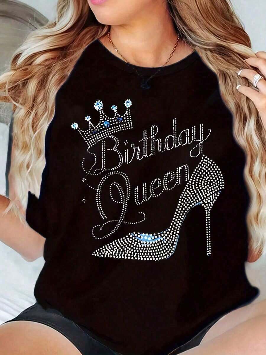 Fashion Printed T‑Shirts for Women, Oversized Streetwear Tops, Comfortable and Stylish All‑Match Summer TeesAlgodón Camiseta de Cuello Redondo para Mujeres con Corona de Reina de Cumpleaños de Rhinestone y Estampado de Tacón para Celebraciones de Fiesta 180g suave - Negro - Ver 1