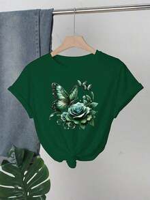FunnyWo'S Casual Crew Neck T-Shirt With Purple Rose And Butterfly Graphic Print, Short Sleeve, Regular Length, Ideal For Spring And Summer, Perfect Gift For Birthdays Or Holidays, Women's Summer T-Shirts. - 綠色 - 查看 1