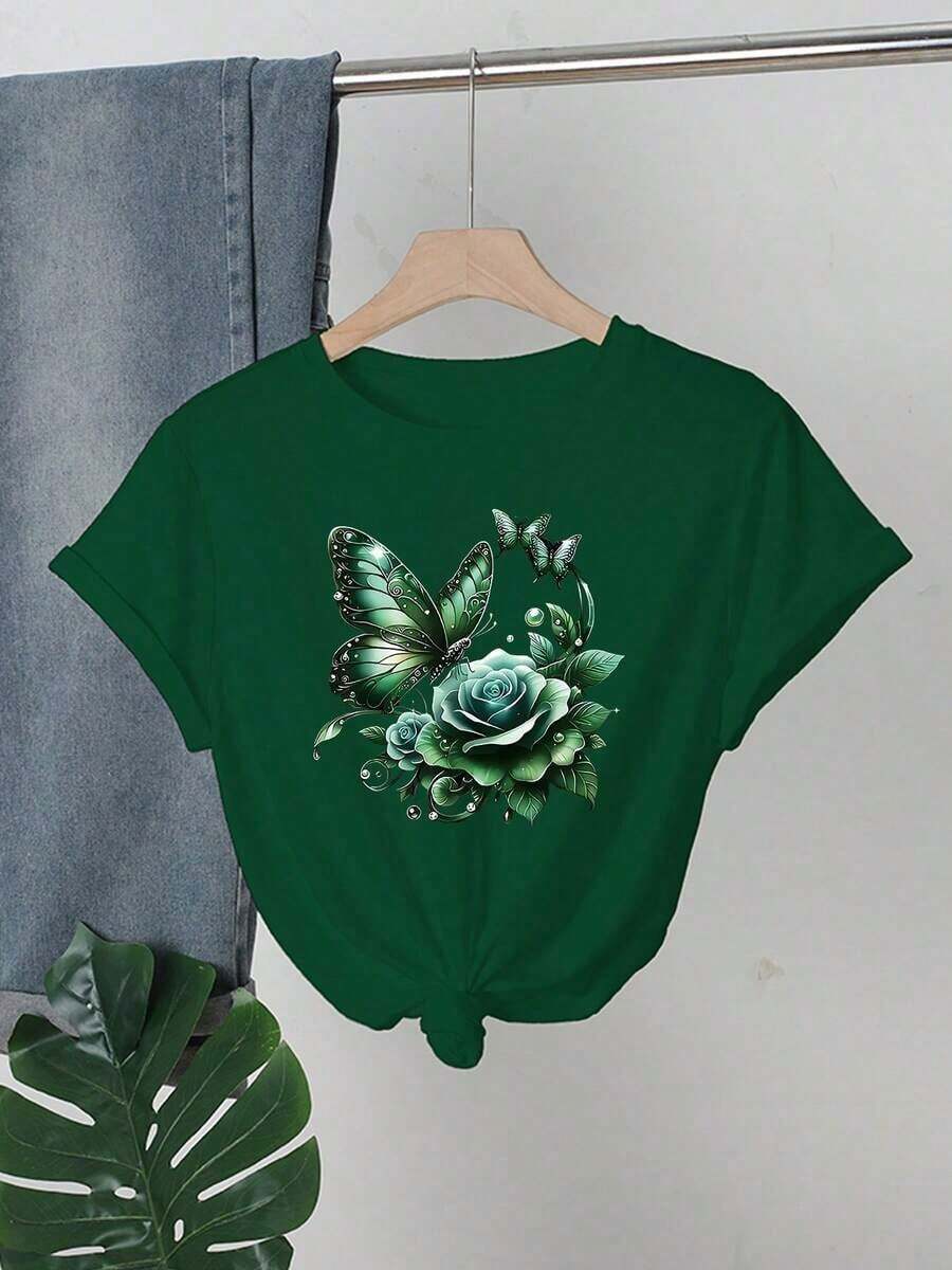 FunnyWo'S Casual Crew Neck T-Shirt With Purple Rose And Butterfly Graphic Print, Short Sleeve, Regular Length, Ideal For Spring And Summer, Perfect Gift For Birthdays Or Holidays, Women's Summer T-Shirts. - 綠色 - 查看 1