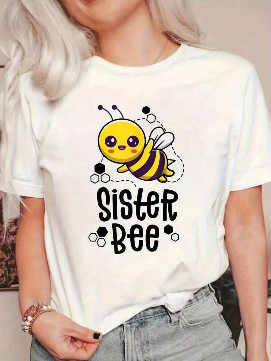 Camiseta Gráfica para Mujer con Diseño de Abeja, Manga Corta, Estilo Casual, con Estampado Adorable de Abeja SISTER BEE, Ropa de Primavera Verano para Cumpleaños, Conjuntos a Juego para Hermanas, Atuendo Casual Cómodo para Hermanas, Ropa para Fiesta con Temática de Abejas, Camiseta con Diseño Creativo de Abeja - Blanco - Ver 1