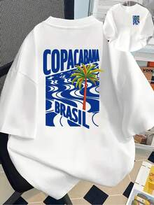 Camiseta estampada de manga corta con diseños frontales y traseros - Copacabana, Brasil - Camiseta estampada de moda para mujer, primavera/verano, ¡tu mejor elección! Camisa elegante adecuada para fiestas. - Negro - Ver 1