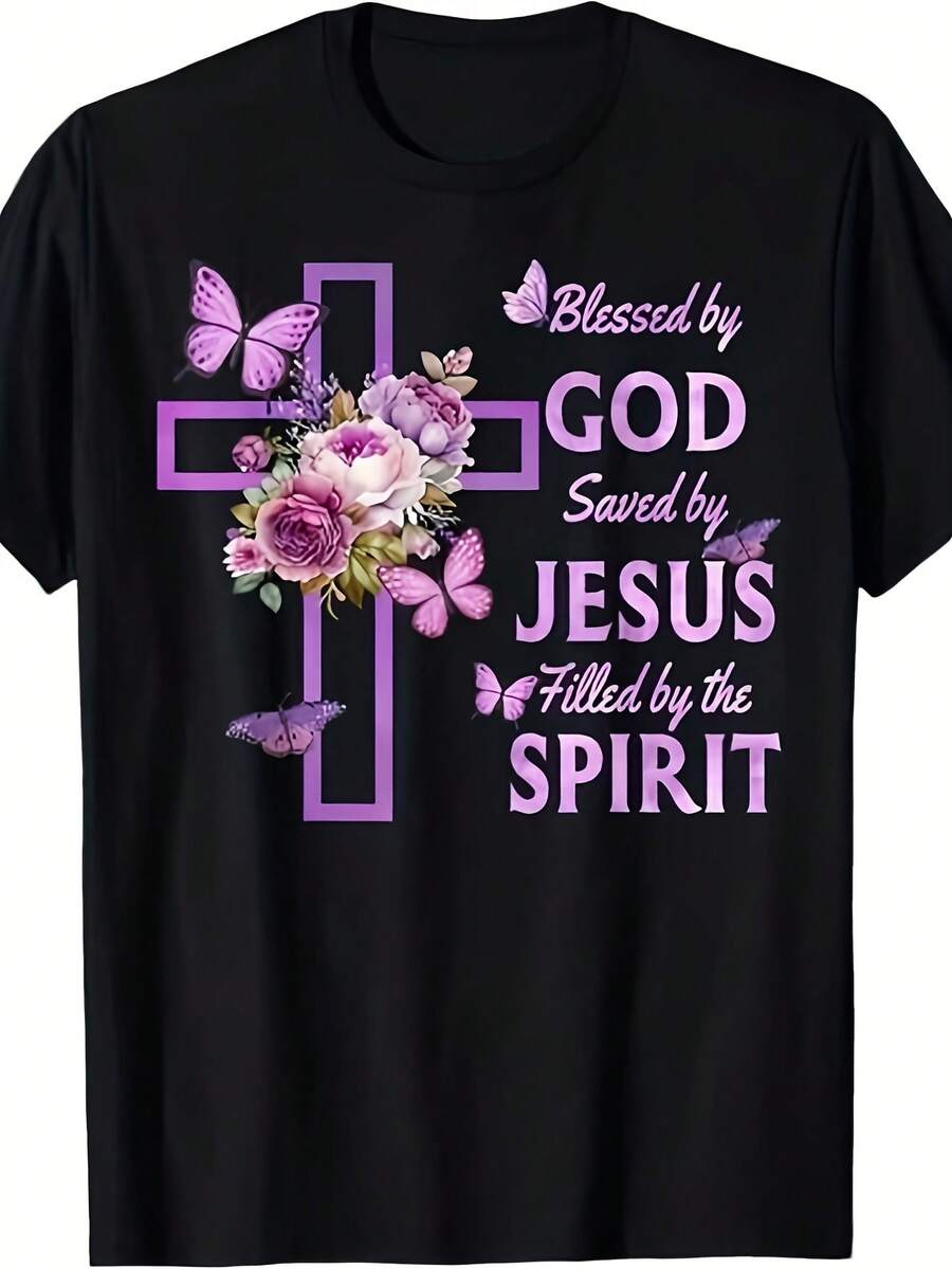 Men's Christian Faith T Shirt Blessed by God Saved by Purple Floral Cross Graphic Tee with Purple Lettering Soft Everyday Church Outfit & SportswearSame Style for Men and Women 2025 Summer Short-sleeved Printed T-shirt Pure 220G