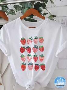 Casual T-ShirtWomen's Casual Short Sleeve T-Shirt - Vibrant Strawberry Print Round Neck Top, Breathable Mid-Stretch Fabric, Machine Washable For Spring Summer Fall, Seasonal Fashion, Playful Design, Nontransparent Fabric100% CottonDurable - 白色 - 查看 6