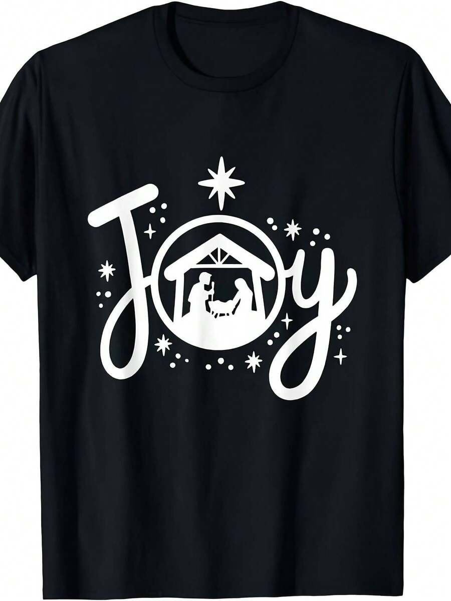 Christian Christmas T-Shirt With Joyful Nativity Scene For Men And Women - With Cursive "Joy" Lettering And Starry Night Design - 180gsm Heavyweight Pure Retro Crew Neck Short Sleeve - All-Season Faith Clothing For Church, Family Gatherings And Casual Wear A - 黑色 - 查看 1