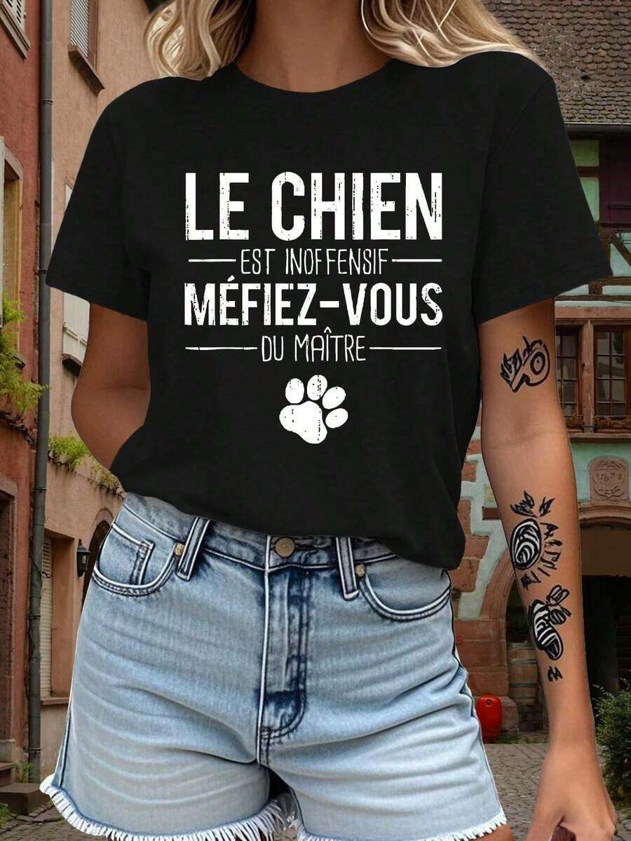 Comfortable, Heavyweight Cotton T-Shirt, 1 Piece. Women's Winter Wear, Ideal For Dog Lovers, Featuring French Bulldog Phrases And Paw Prints. Suitable For Everyday Wear, With A Crew Neck And Short Sleeves. It's A Casual Yet Elegant Top, Perfect For Parties, As Part Of A Set, Or For Fall. Made Of Soft Material, This Printed Shirt Is A Classic Fit, Soft, Loose-Fitting, And Versatile Short-Sleeved T-Shirt For Everyday Wear. - 黑色 - 查看 1