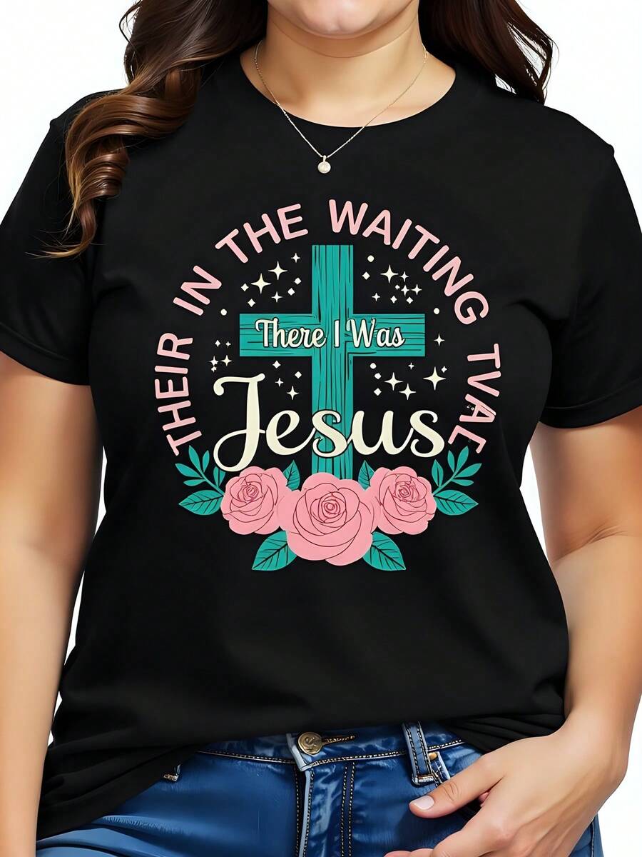 Women's Black Cotton T-Shirt 180g, Round Neck Short Sleeve, Religious Inspirational Design With Jesus, Cross, Pink Roses And The Phrase 'There In Waiting', Christian Casual Graphic T-Shirt - 黑色 - 查看 1