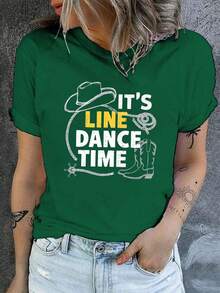 Camiseta de mezclilla con estampado "Line Dance Moment" 2026, de manga corta y cuello redondo, estilo casual, para mujer, primavera/verano. - Verde - Ver 7