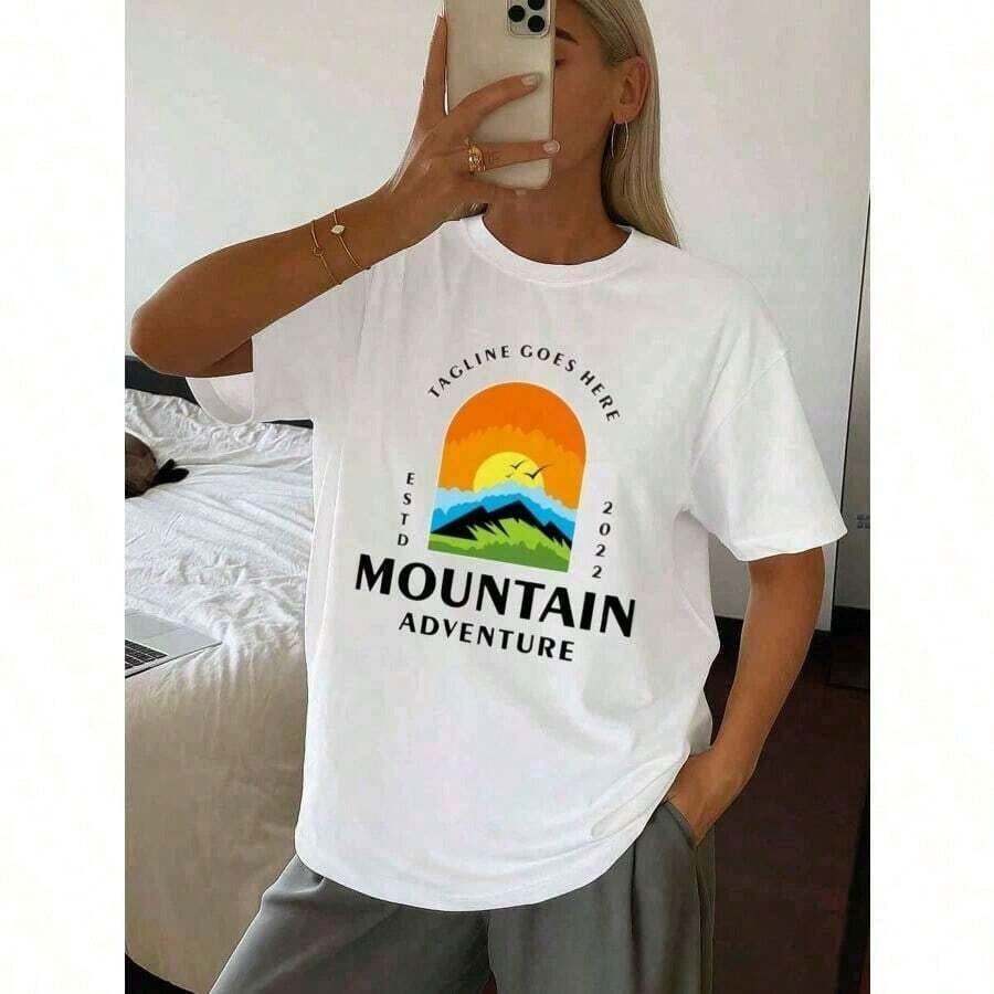 short-sleeveBlusas Bonito - Camiseta Blanca Retro de Manga Corta para Mujer - Estampado Vintage de Montaña y Aire Libre, Cuello Redondo |     Blusa Casual Transpirable de Verano para Uso en Fin de Semana y Atuendos Diarios |     Camiseta Blanca Elegante Lavable a Máquina 100% Algodón Blusas Para Mujer Casual100% Cotton - Blanco - Ver 1