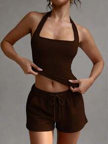 Camiseta sin espalda sexy, top de verano con cuello cuadrado elástico, ajuste casual y elegante, color amarillo para vacaciones - Marron oscuro - Ver 7