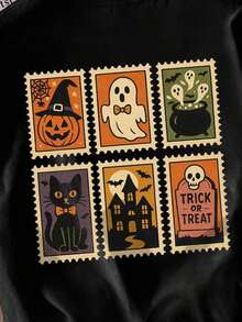 Camiseta de mujer con estampado de fantasma y calabaza de Halloween - Negro 2 - Ver 4