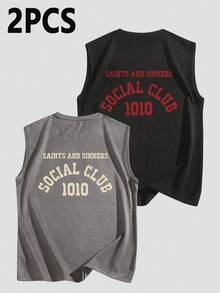 2 piezas Camiseta de tirantes de cuello redondo para hombres, con impresión de letras en el frente y la espalda, tela suave tipo gamuza, estilo callejero estadounidense, adecuado para reuniones callejeras de verano - Multicolor - Ver 7