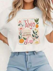 Nuevas llegadas para el verano. 1 Pieza Y2Y1 Camiseta Casual de Manga Corta para Mujer, Estilo Italiano con Estampado 'TI AMO', Scooter Rosa, Estampado Floral y de Frutas, Top Blanco de Cuello Redondo, Adecuada para Cumpleaños y Días Festivos, Esencial para el Verano, Lavable a Máquina, Tela Cómoda, Blusa, Camisa > Hermosa. - Blanco - Ver 1