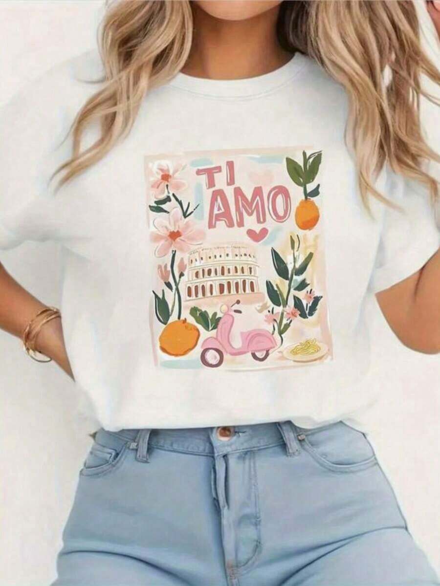 Nuevas llegadas para el verano. 1 Pieza Y2Y1 Camiseta Casual de Manga Corta para Mujer, Estilo Italiano con Estampado 'TI AMO', Scooter Rosa, Estampado Floral y de Frutas, Top Blanco de Cuello Redondo, Adecuada para Cumpleaños y Días Festivos, Esencial para el Verano, Lavable a Máquina, Tela Cómoda, Blusa, Camisa > Hermosa. - Blanco - Ver 1