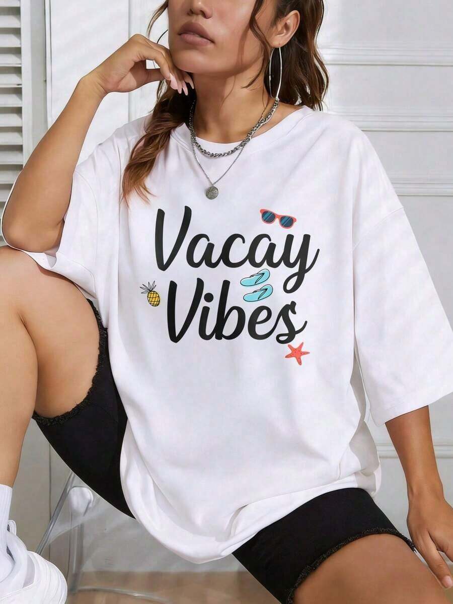 Camiseta de manga corta PremiumWomens con estampado Vacay Vibes, de algodón, para mujer, de cuello redondo, informal, para uso diario. Son excelentes regalos para amigos y familiares. Camisetas 100% algodón, con un diseño juvenil y moderno, ecológicas. - Negro - Ver 1