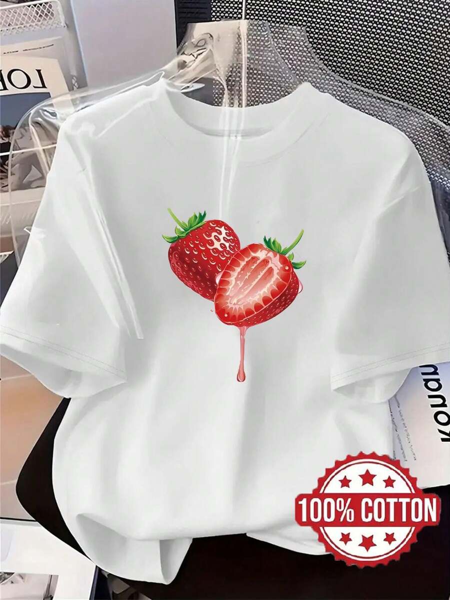 TH430 New Women's T-Shirt, Strawberry Print, Fashionable Casual T-Shirt, 100% Round Neck, Short Sleeve, Sweat Absorbent And Breathable, Comfortable And Stylish Casual Home Wear, Versatile Short Sleeve T-Shirt For Spring, Summer And Autumn. - 白色 - 查看 1