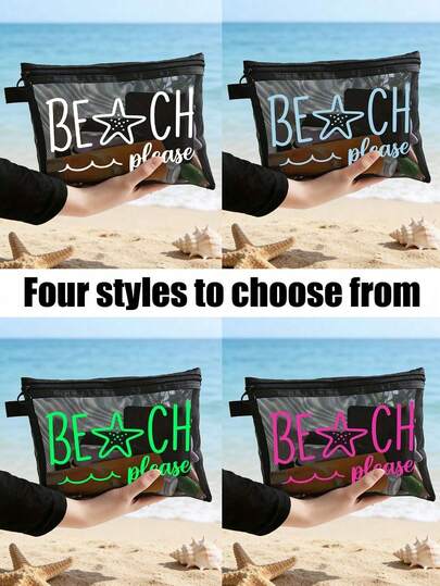 Bolsa de malla para la playa con el diseño "Beach_please" y estrellas de mar, bolsa de cosméticos portátil para lápices labiales y esponjas, bolsa de aseo con diseño costero, organizador de maquillaje de viaje transparente y espacioso, bolsa de maquillaje de malla con estilo hawaiano perfecta para vacaciones en la playa, bolsa de compras portátil, ideal para vacaciones, fitness, regalos del Día de la Madre, San Valentín, maestros y viajes de mujeres, viajes cortos y artículos de viaje necesarios