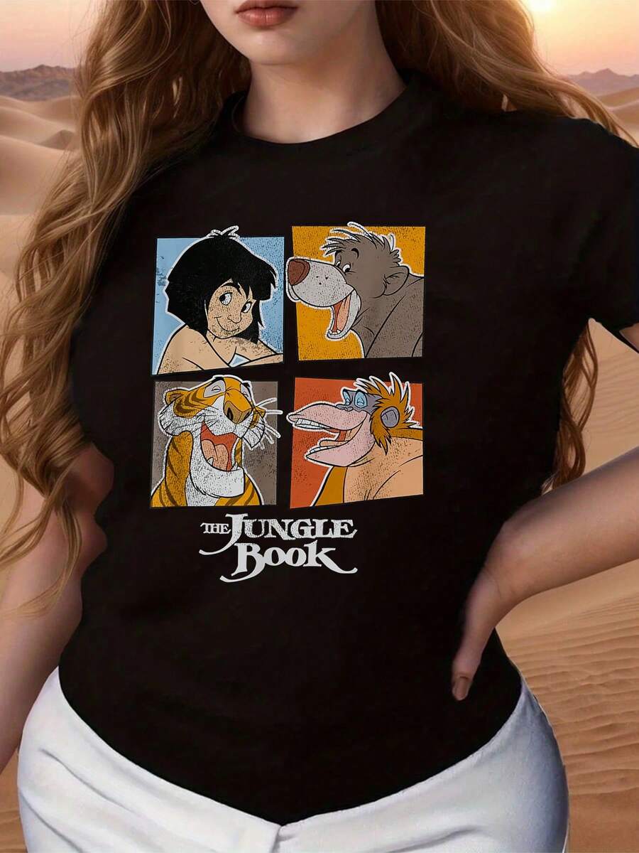 Colorful Illustration Inspired By Adventurous Jungle Characters Showing Friendship And Fun Between Humans And Wild Animals In A Modern Retro Style. Comfortable And Casual Women's T-Shirt For Everyday Wear. - 黑色 - 查看 1