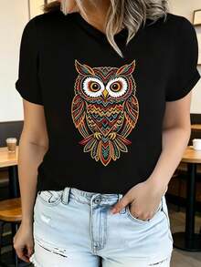 Women's Soft Printed Short Sleeve Summer T-Shirt With Eagle Design, Stylish And Casual, Machine Washable, Comfortable Fit, 2D Flat Print, Elegant Blouses For Women. - 黑色8 - 查看 1