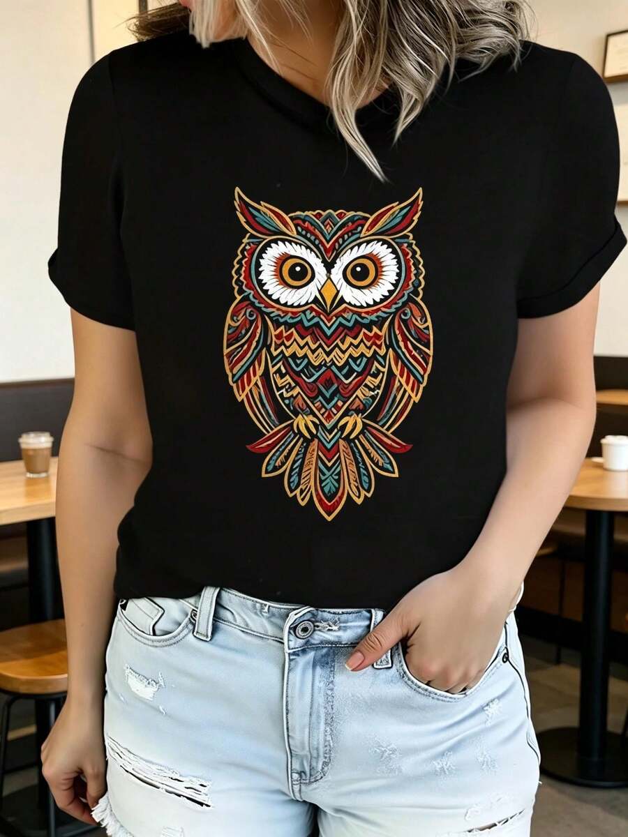 Women's Soft Printed Short Sleeve Summer T-Shirt With Eagle Design, Stylish And Casual, Machine Washable, Comfortable Fit, 2D Flat Print, Elegant Blouses For Women. - 黑色8 - 查看 1