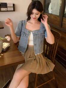 Blusa casual de mujer con cuello cuadrado de mezclilla lavada, estilo femenino y lindo - Azul - Ver 4