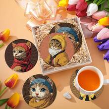 8件套猫咪钻石画杯垫套装，圆形亮面钻石，粘性强，工具齐全，适合初学者，减压手工，新年、情人节、圣诞节、教师节礼物，家居装饰杯垫，送给家人、朋友、女朋友、老师 - 彩色 - 查看 5