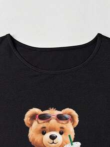 Camiseta Casual de Verano para Mujer con Estampado de Oso de Dibujos Animados, Cuello Redondo, Manga Corta, Camisetas Gráficas, Tops para Mujer, Camiseta de Algodón - Negro - Ver 7