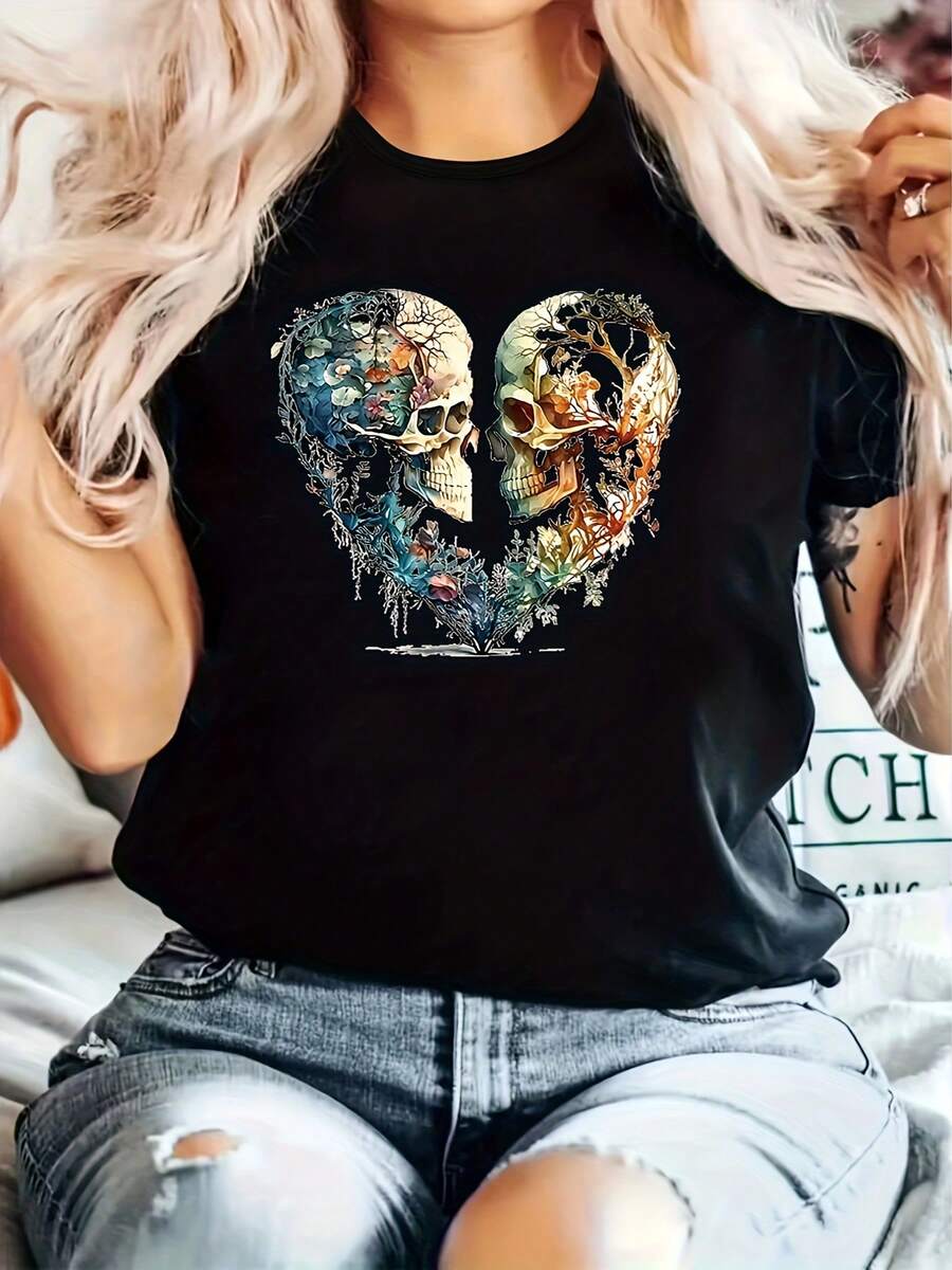 Camiseta Casual de Manga Corta para Mujer con Estampado de Corazón