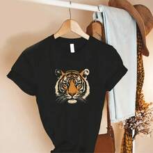 Camiseta con Gráfico de Cara de Tigre, Camiseta Unisex Roja, Camiseta Minimalista de Gato Salvaje, Top para Amantes de Animales de la Selva, Cabeza de Tigre Estilo Vintage, Regalo de Algodón Suave - Negro - Ver 5