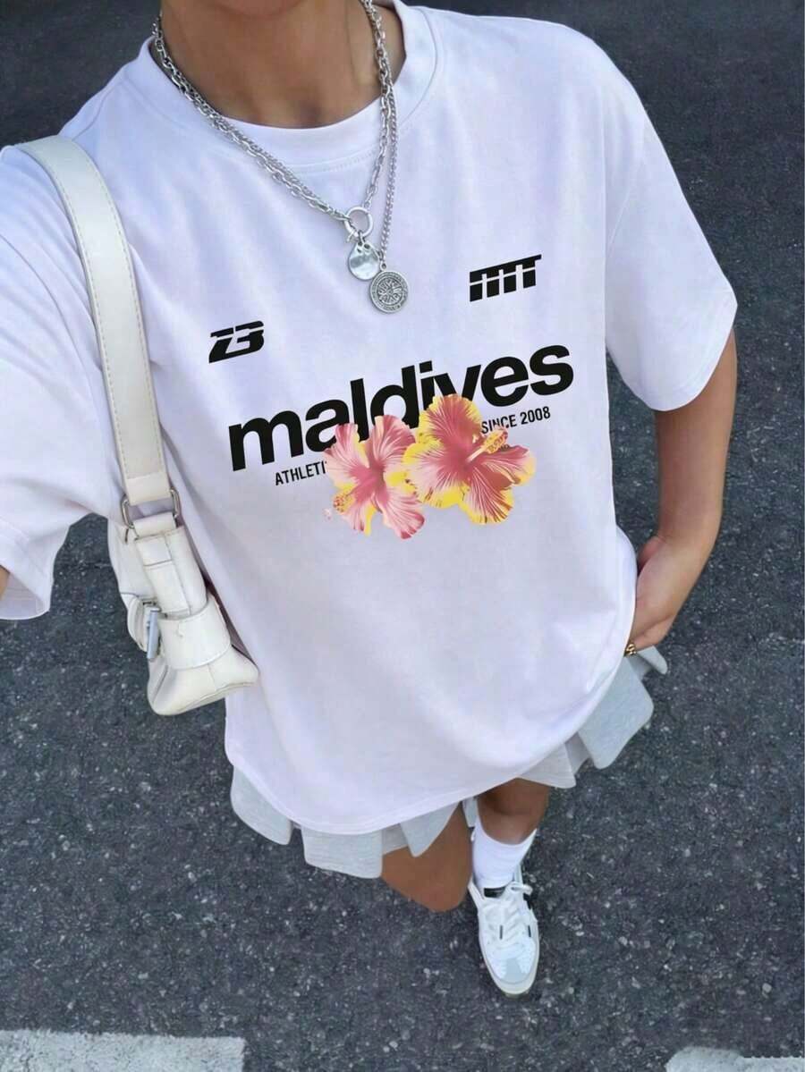 Camiseta de Verano de Alta Gama para Mujer con Estampado Gráfico de Flor de Hibisco Maldivo, Color Rosa, Casual, de Manga Corta y Cuello Redondo para Vacaciones de Verano - Blanco - Ver 1