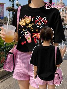 Pure Cotton Short-Sleeved T-Shirts For Teenage Girls, Featuring A Cars Lightning McQueen Print. Loose And Comfortable Fit, A Vibrant Summer Style Suitable For Everyday Wear, Disney Outings, And Casual School Settings. - màu đen - Xem 1