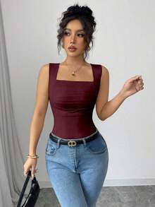 Camiseta sin mangas de verano ajustada de cuello cuadrado de unicolor elegante y casual para mujer - Burdeos - Ver 4