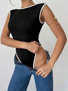 Body de unicolor con escote pronunciado y espalda descubierta, sexy y versátil para vacaciones y fiestas - Negro 3 - Ver 6