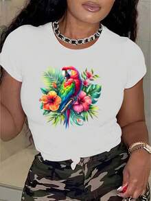 Women's Pure Cotton Short-Sleeved T-Shirt, Versatile And Round Neck, With Insect Print And Middle Eastern Elements, Colorful Bird And Flower Print, Casual Round Neck Style, Elegant And Romantic For Summer, Ideal For Going To Work, Going On Vacation And For Casual Daily Wear. - 白色 - 查看 1