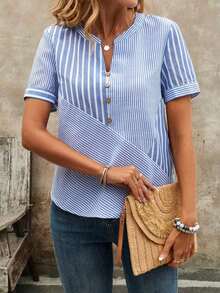 Blusa casual de mujer con escote de ojo de cerradura a rayas - Multicolor - Ver 3