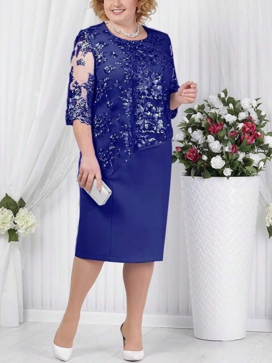 New Women's Plus Size Cocktail Dress, Light Blue, Round Neck, 3/4 Sleeves, Lace Appliqués, Mock Double Layer, Elegant And Flattering Design, Perfect For Events, Parties And Dinners - 金色 - 查看 1