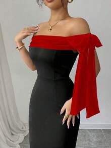 Vestido largo elegante con hombros descubiertos y decoración de lazo - Rojo y negro - Ver 3