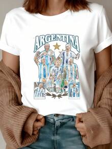 Players Celebrating With The Argentine Flag Under A Golden Star Symbolizing Unity, National Pride, And Sportsmanship. Women's Casual, Modern, And Comfortable T-Shirt. - 白色 - 查看 1