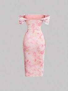 Vestido elegante con estampado floral suave y mangas de mariposa sin tirantes - Rosa - Ver 2