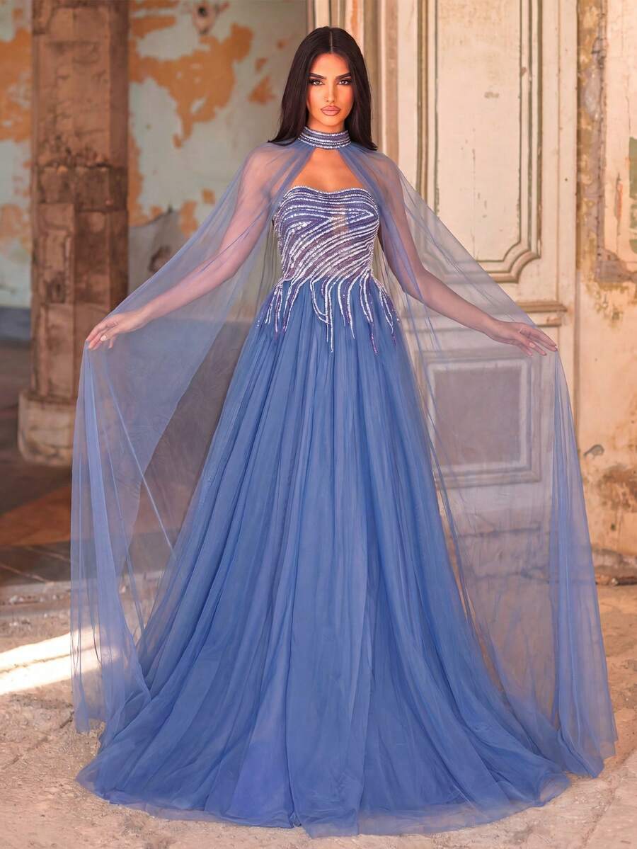 Faeriesty 优雅串珠蕾丝系带露背正式舞会礼服，配网纱披肩，两件套婚纱