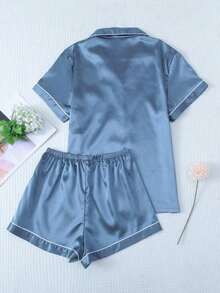 Conjunto de pijama de 2 piezas con camisa de manga corta con solapa y pantalones cortos con moño, ropa de dormir para mujer, conjunto de dos piezas - Azul - Ver 2