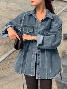 Jeans casuales de mujer con ajuste holgado, lavado desgastado y bajo con abertura, ropa de otoño, chaqueta de jeans de manga larga para mujer - Celeste - Ver 1