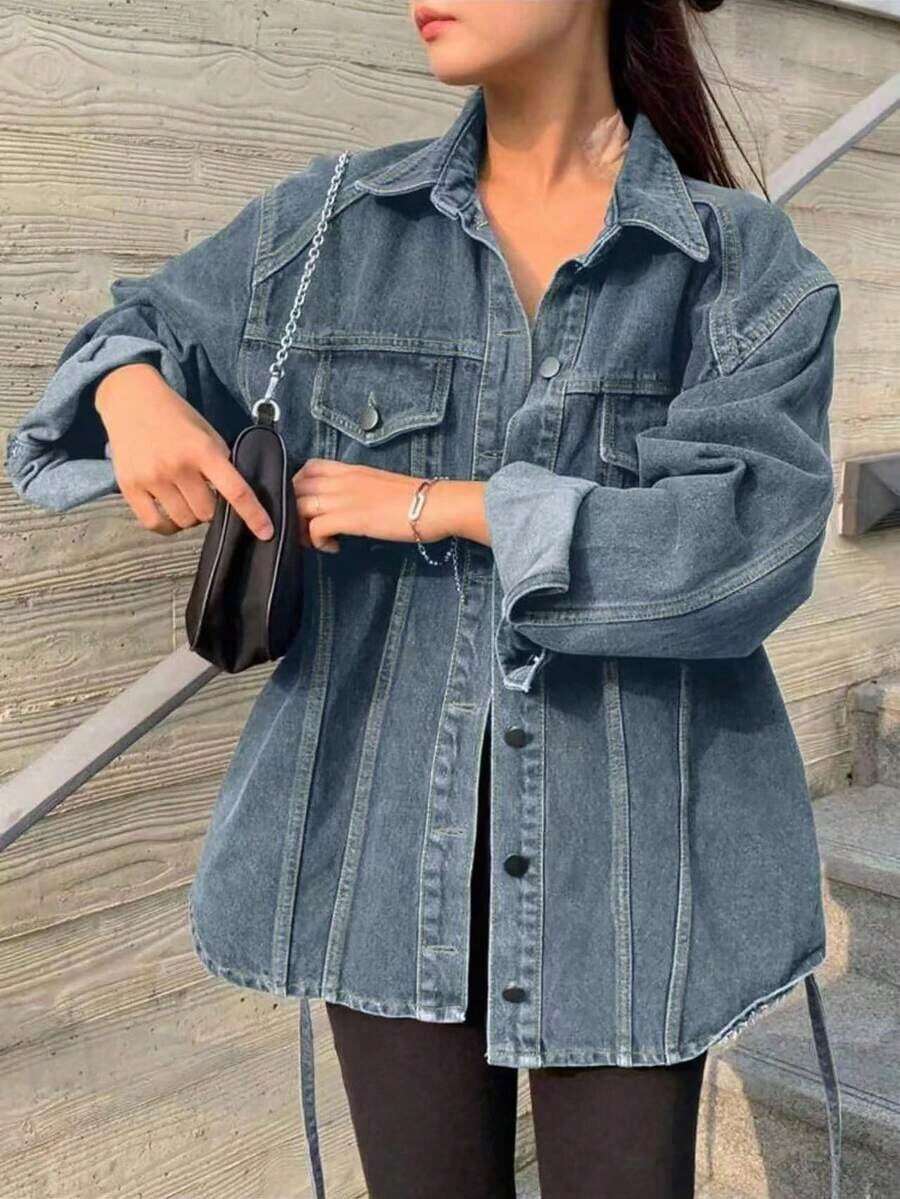 Jeans casuales de mujer con ajuste holgado, lavado desgastado y bajo con abertura, ropa de otoño, chaqueta de jeans de manga larga para mujer - Celeste - Ver 1